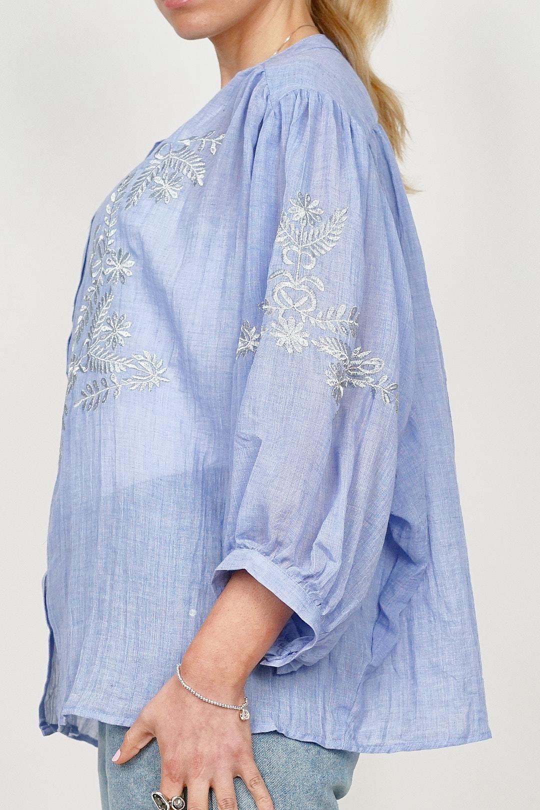 Silver Blue Embroidered Blouse