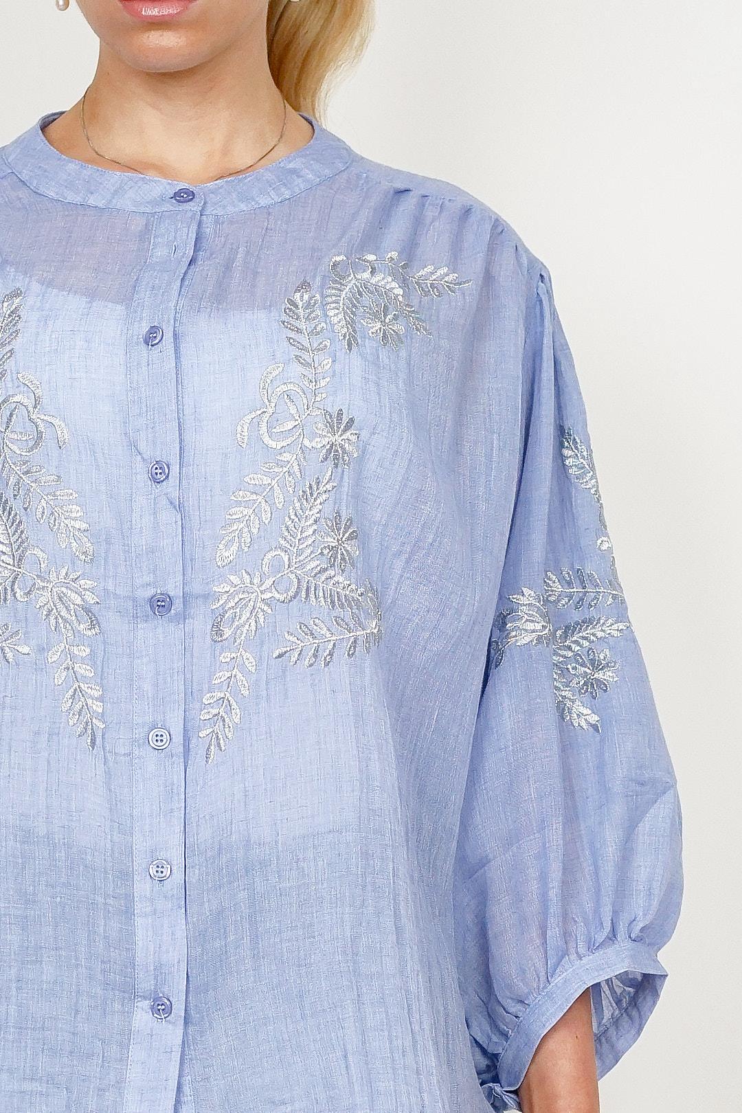 Silver Blue Embroidered Blouse