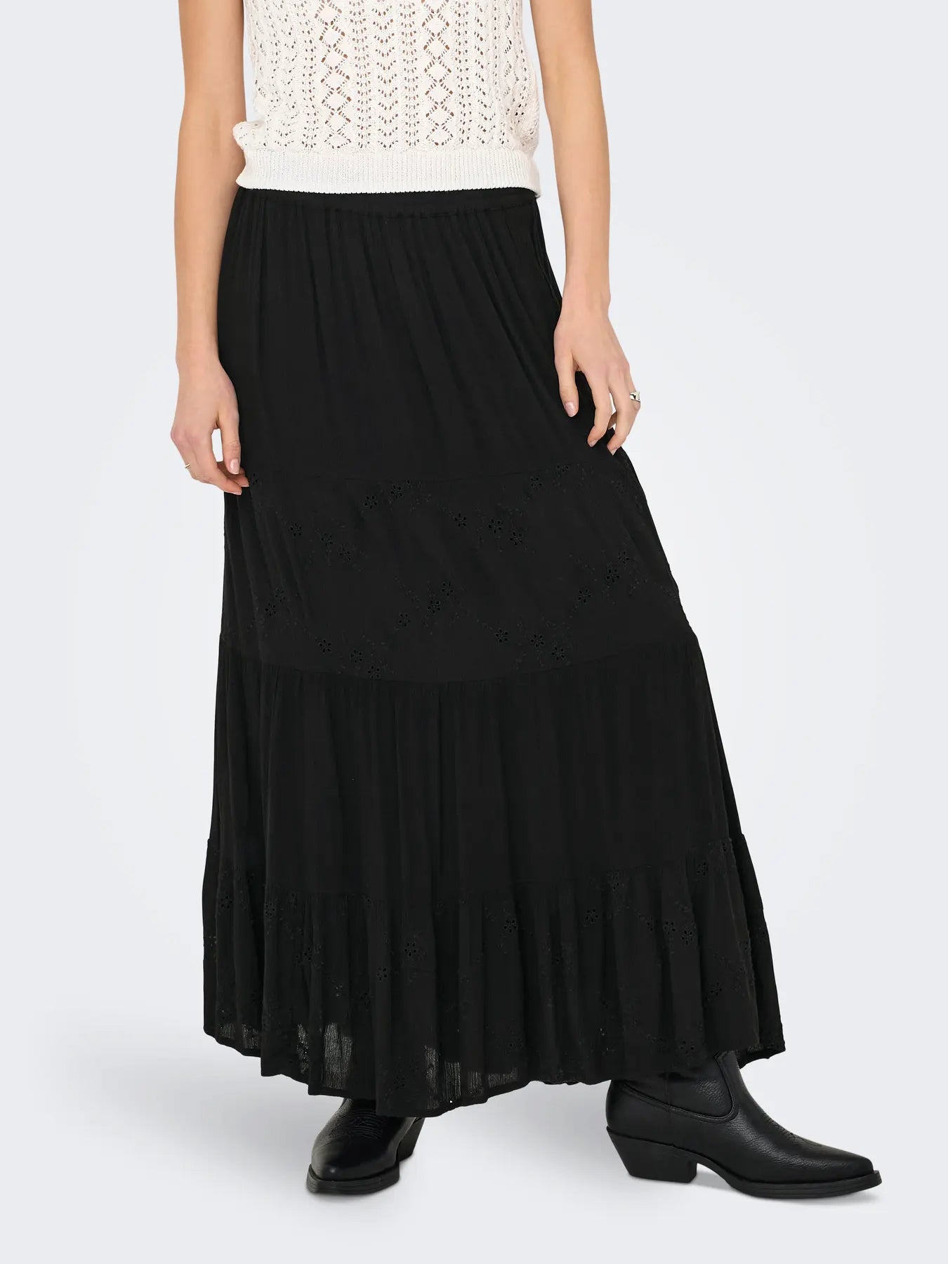 Broiderie Panel Maxi Skirt Black
