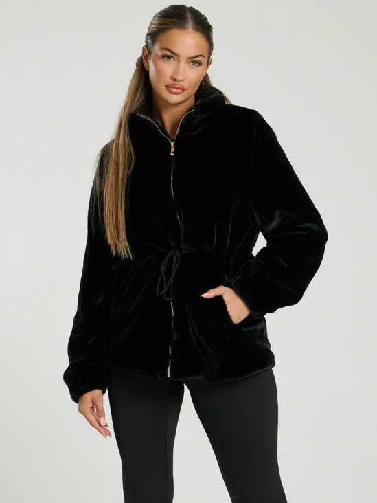 Faux Fur Waisted Jacket Black