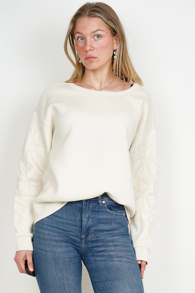Embroidered Sleeve Sweatshirt Cream