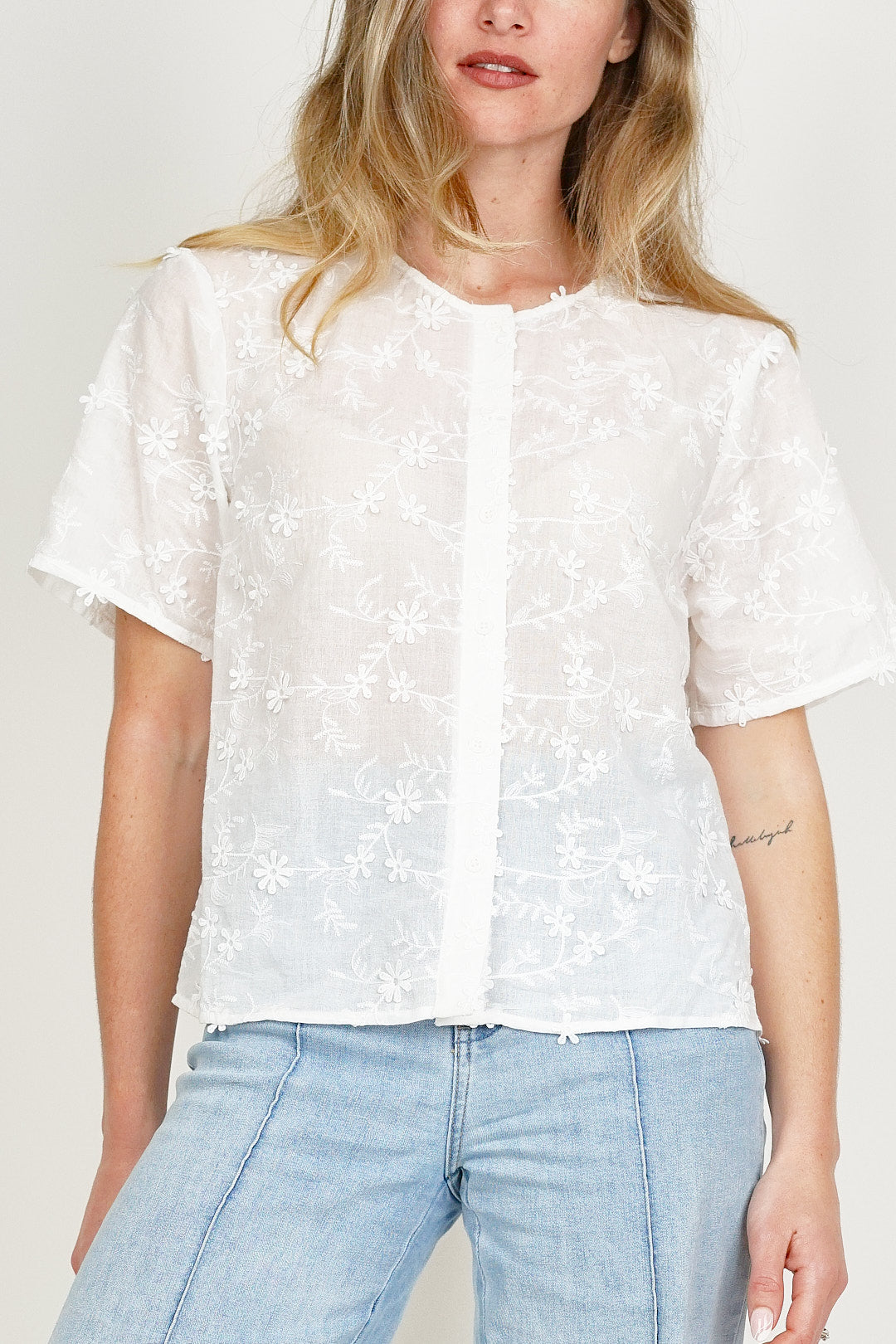 Flower Embroidered Blouse White