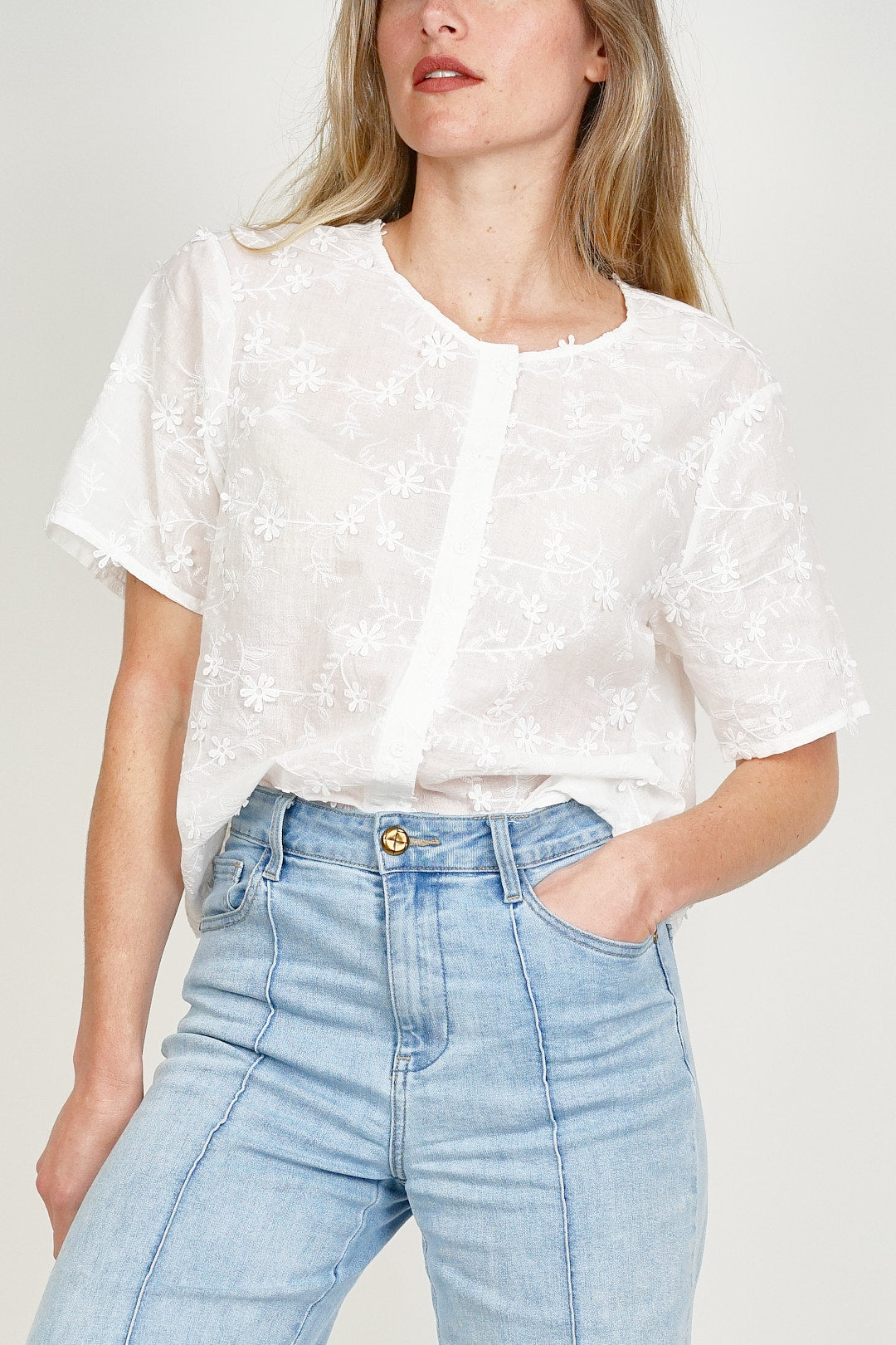 Flower Embroidered Blouse White