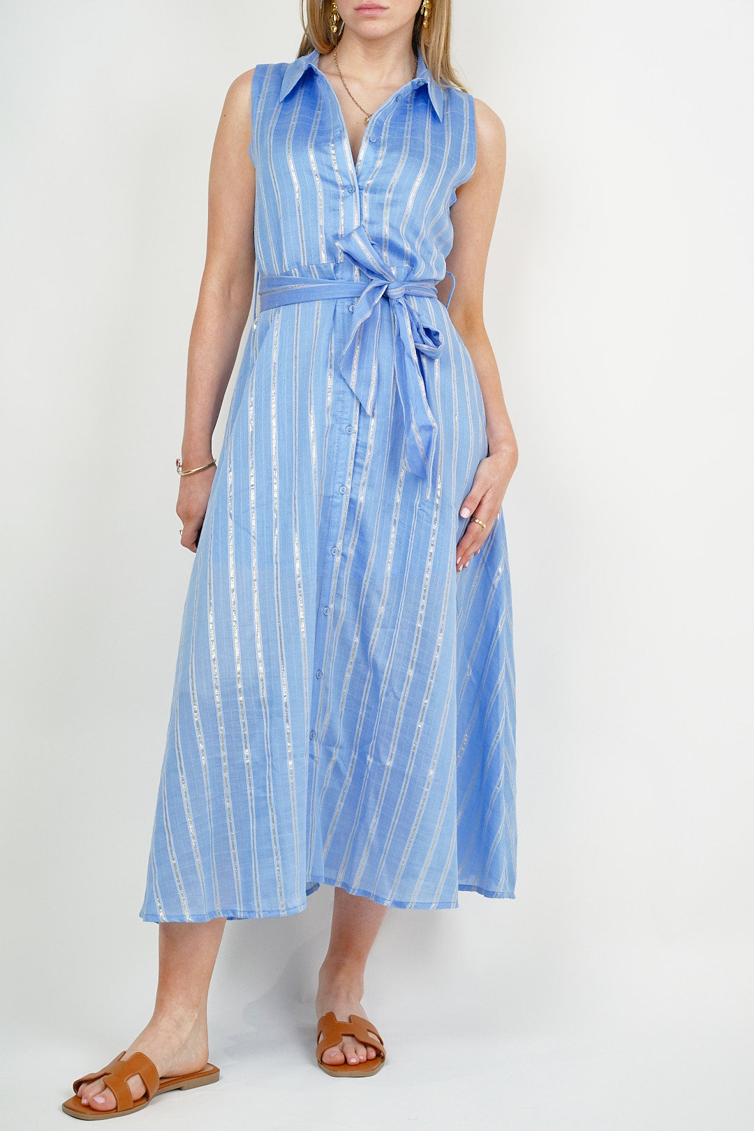 Sleevess Silver Stripe Shirt Dress Blue