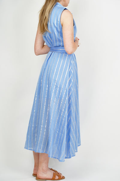 Sleevess Silver Stripe Shirt Dress Blue