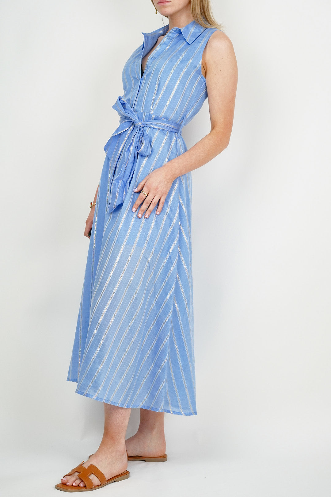 Sleevess Silver Stripe Shirt Dress Blue