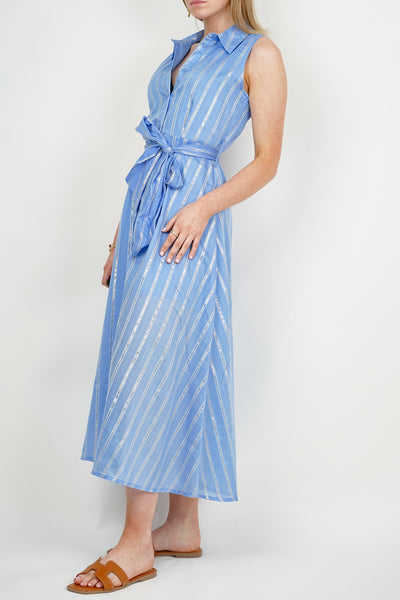 Sleevess Silver Stripe Shirt Dress Blue