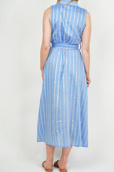 Sleevess Silver Stripe Shirt Dress Blue