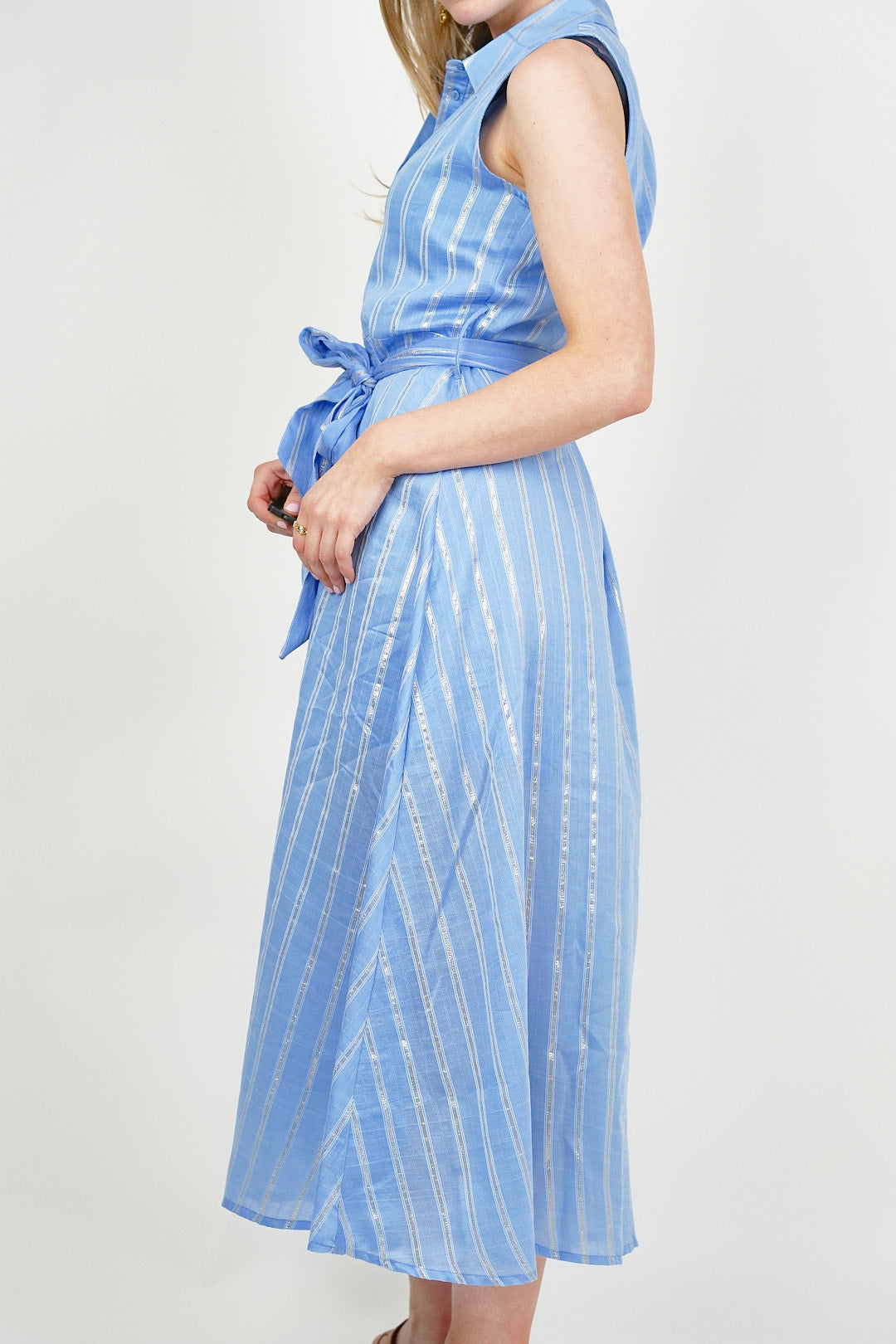 Sleevess Silver Stripe Shirt Dress Blue