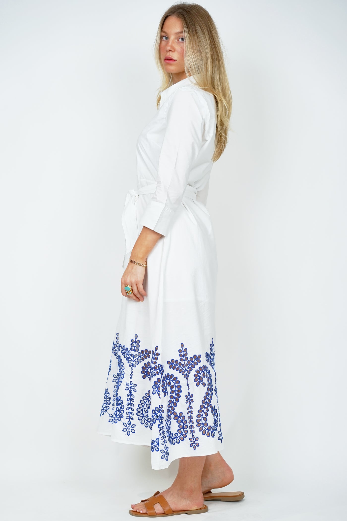 Blue Trim White Shirt Dress