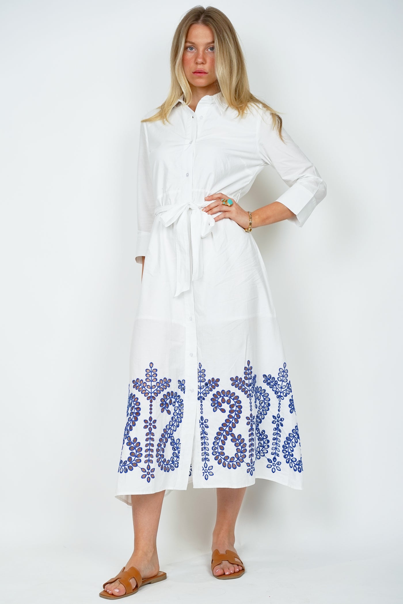 Blue Trim White Shirt Dress