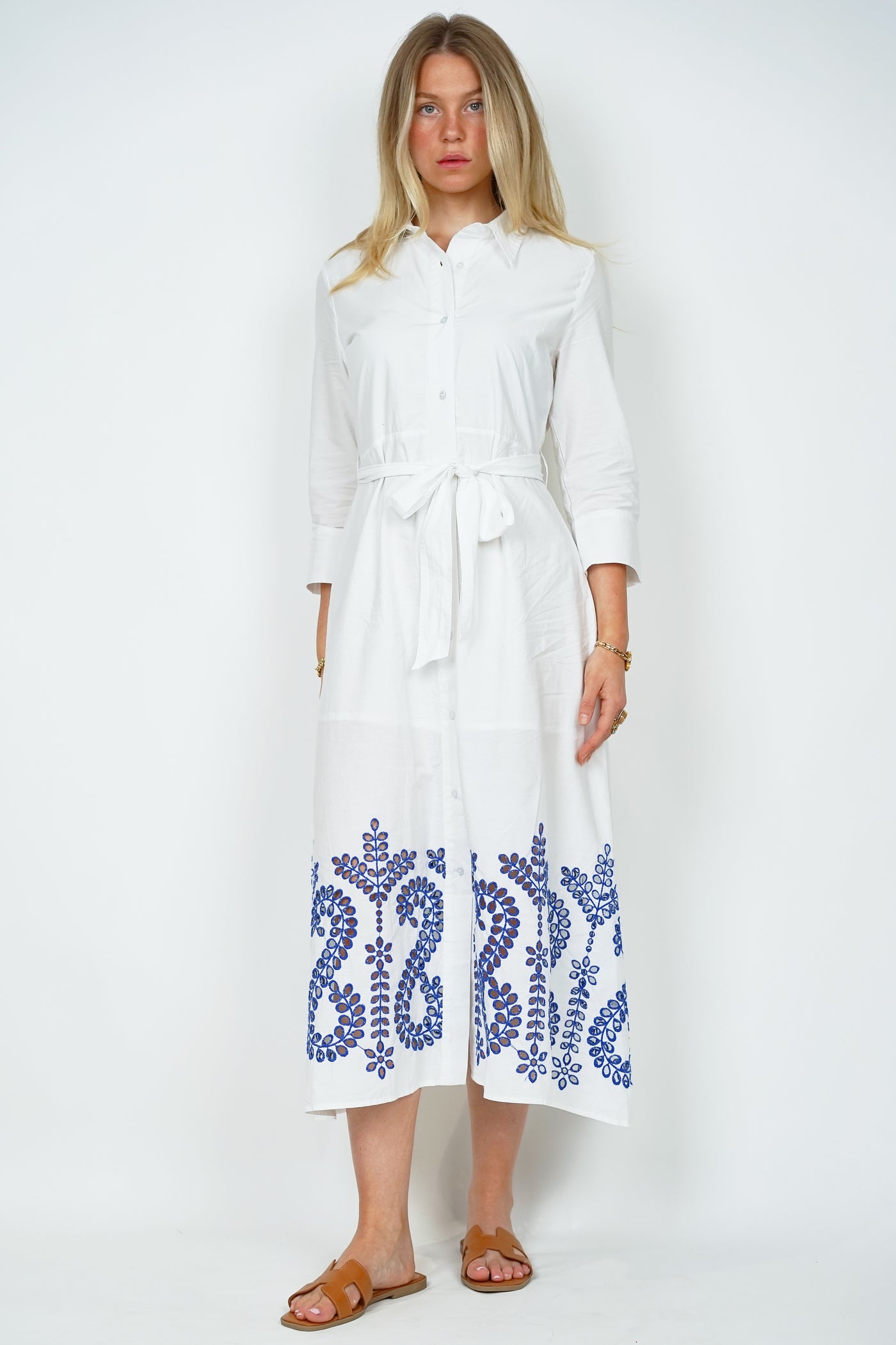 Blue Trim White Shirt Dress