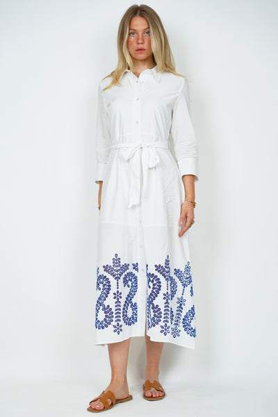 Blue Trim White Shirt Dress