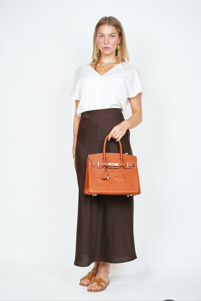 B30cm Togo Leather Embossed Bag Tan