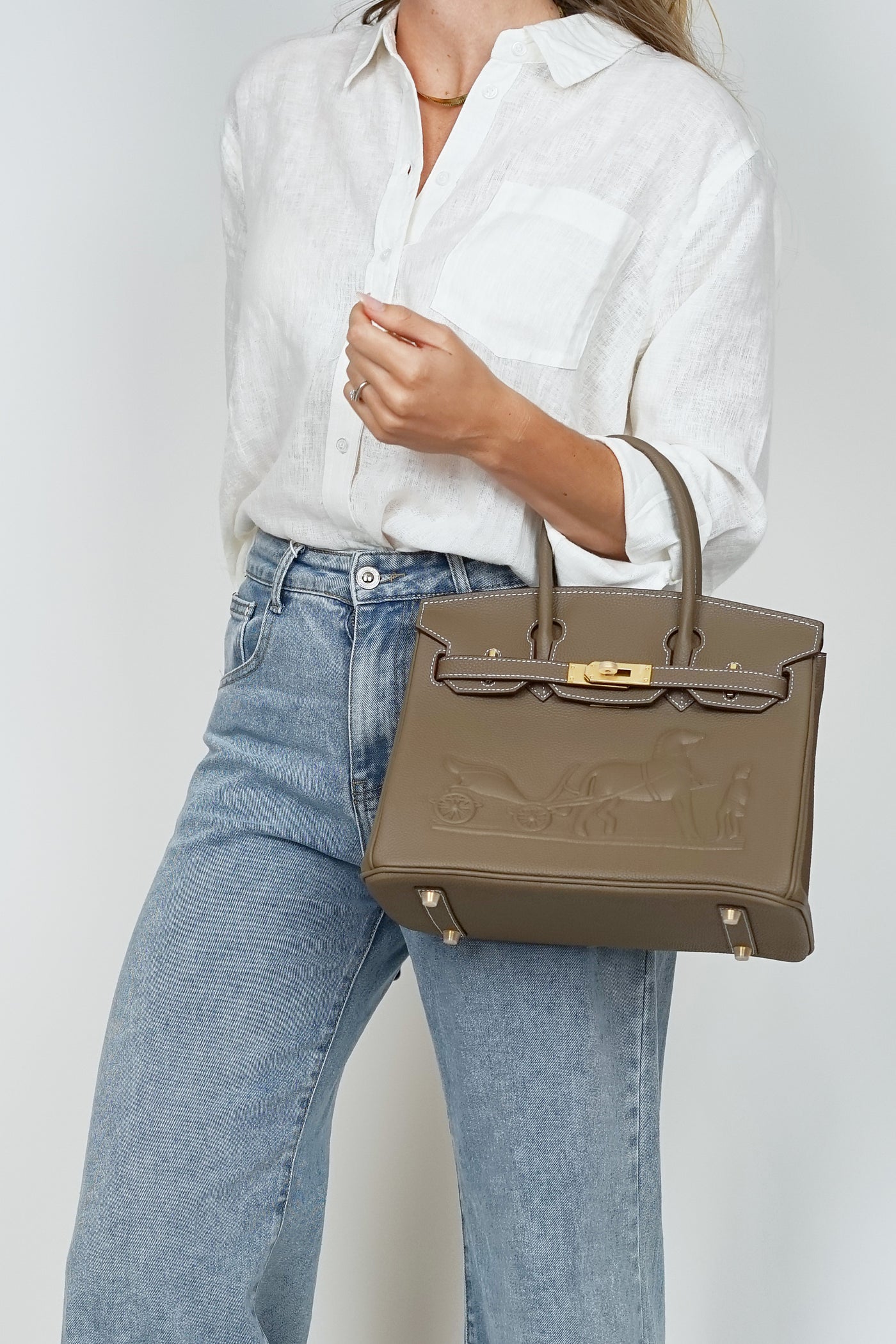 B30cm Togo Leather Embossed Bag Putty