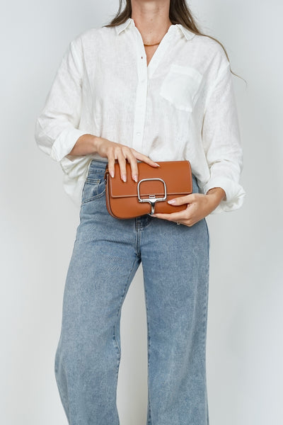 Leather Horse Bit Cross Body Bag Tan