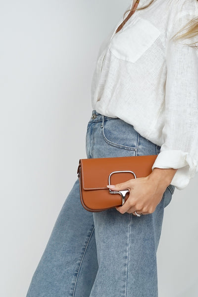 Leather Horse Bit Cross Body Bag Tan