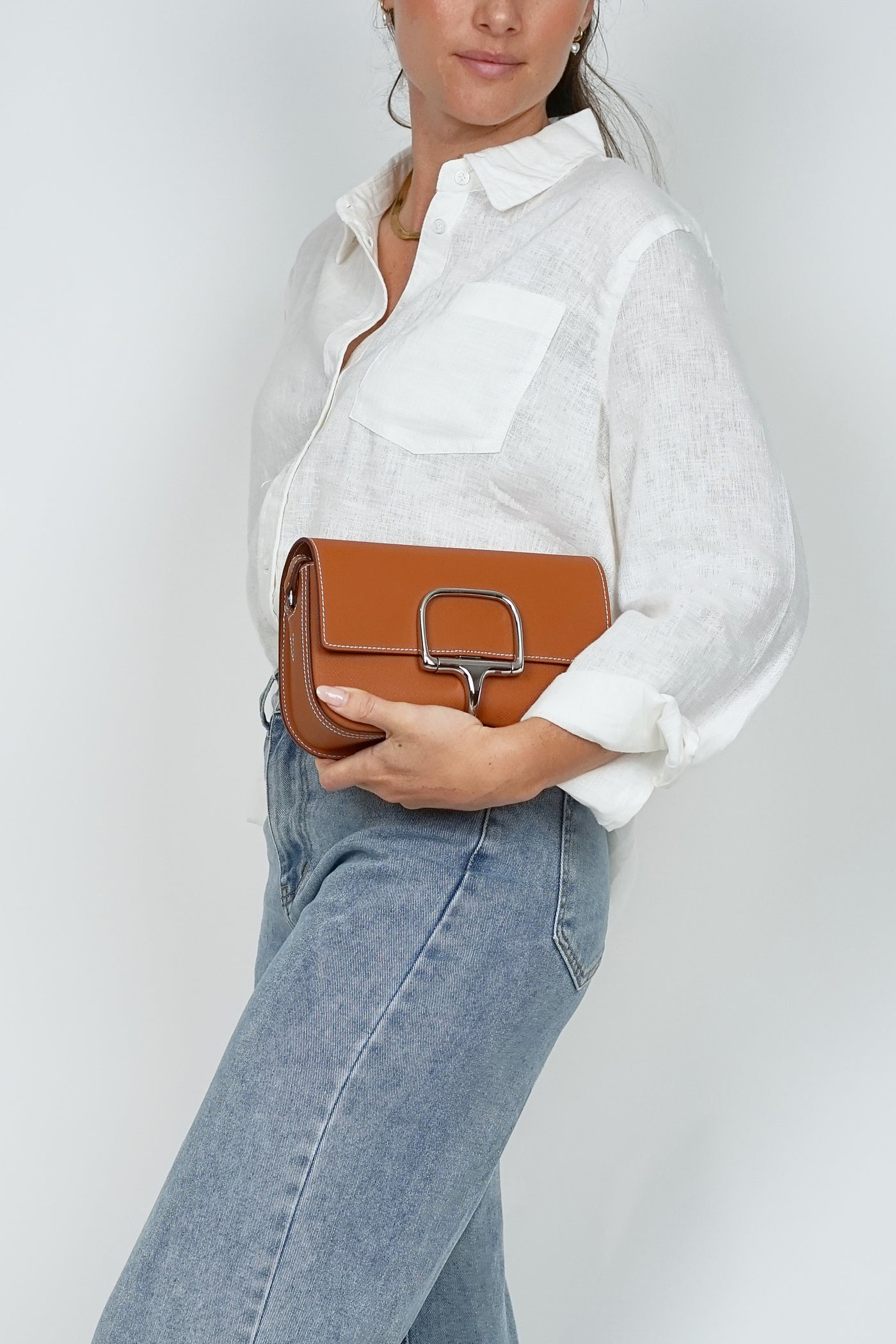 Leather Horse Bit Cross Body Bag Tan