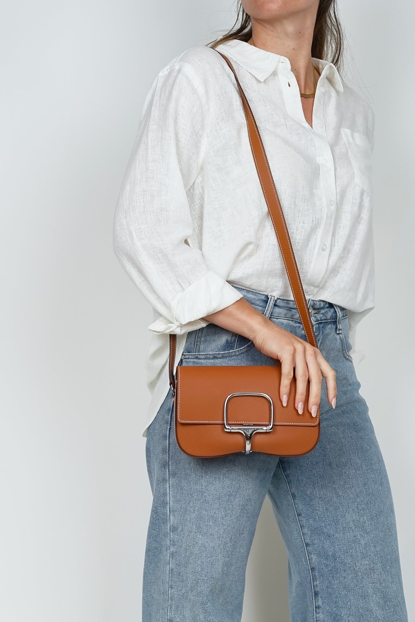 Leather Horse Bit Cross Body Bag Tan
