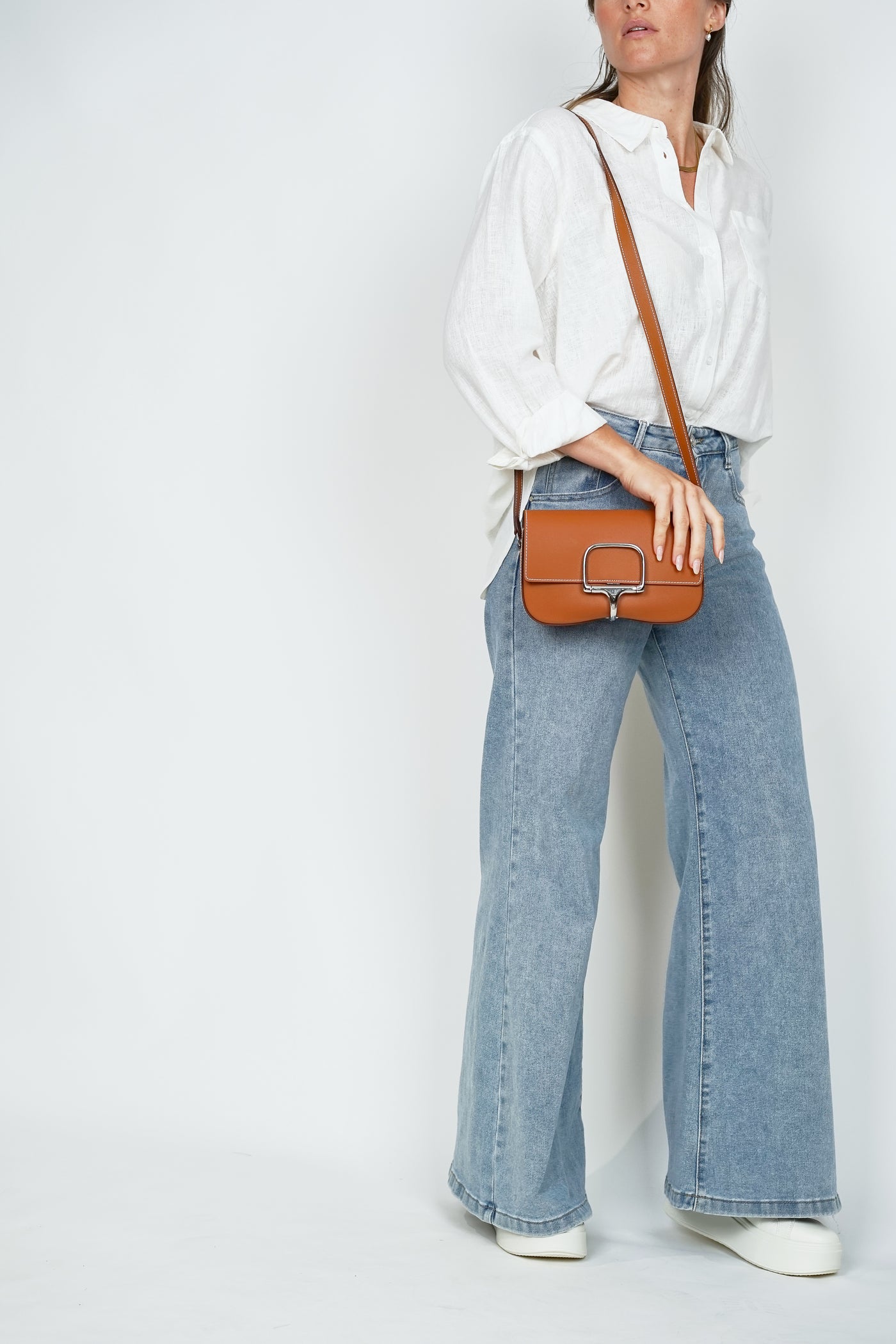 Leather Horse Bit Cross Body Bag Tan